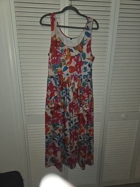 Floral Sleeveless Maxi Dress in White with Pink & Orange Print